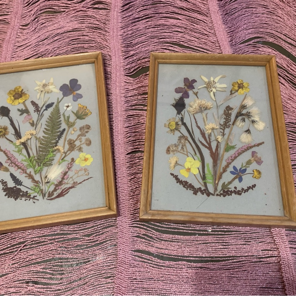 Vintage Rustic Floral Pressed Art Set with Wooden Frames